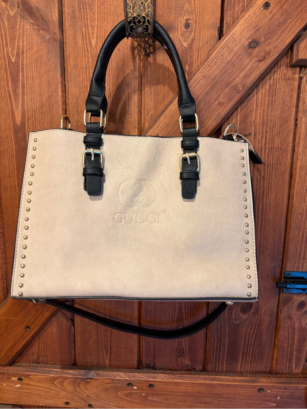 Cream and Black Leather Tote Bag